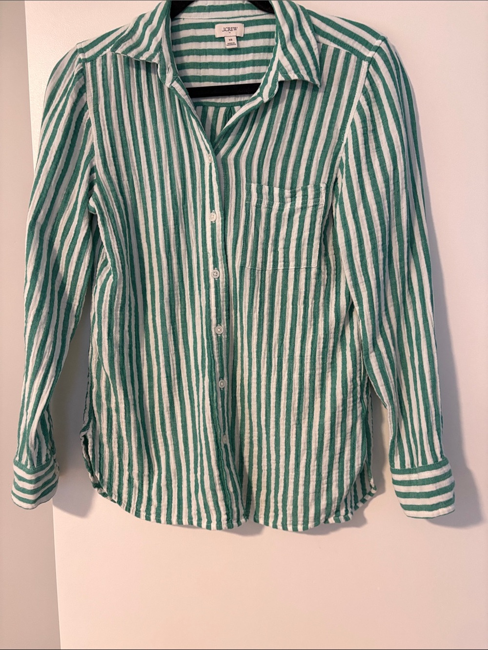 J. Crew Green and White Vertical Stripe Casual Gauze Button-Down Shirt